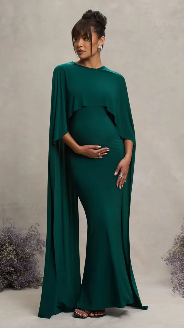 Bottle Green Draped Maternity Maxi Dress With Cape Sleeves