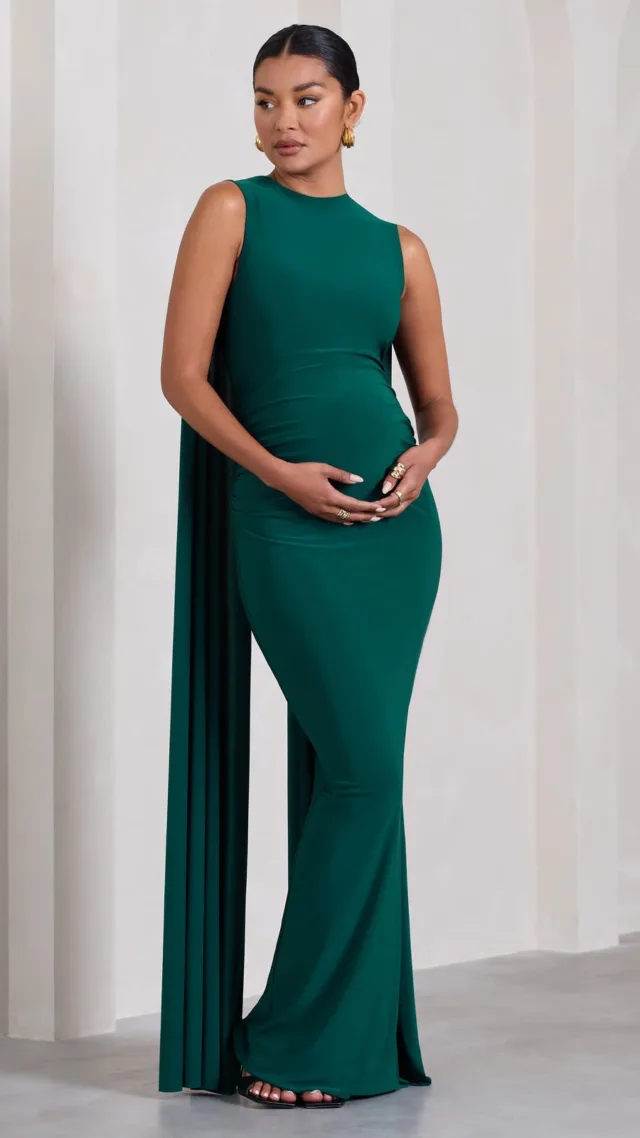 Bottle Green High-Neck Sleeveless Cape Maternity Maxi Dress