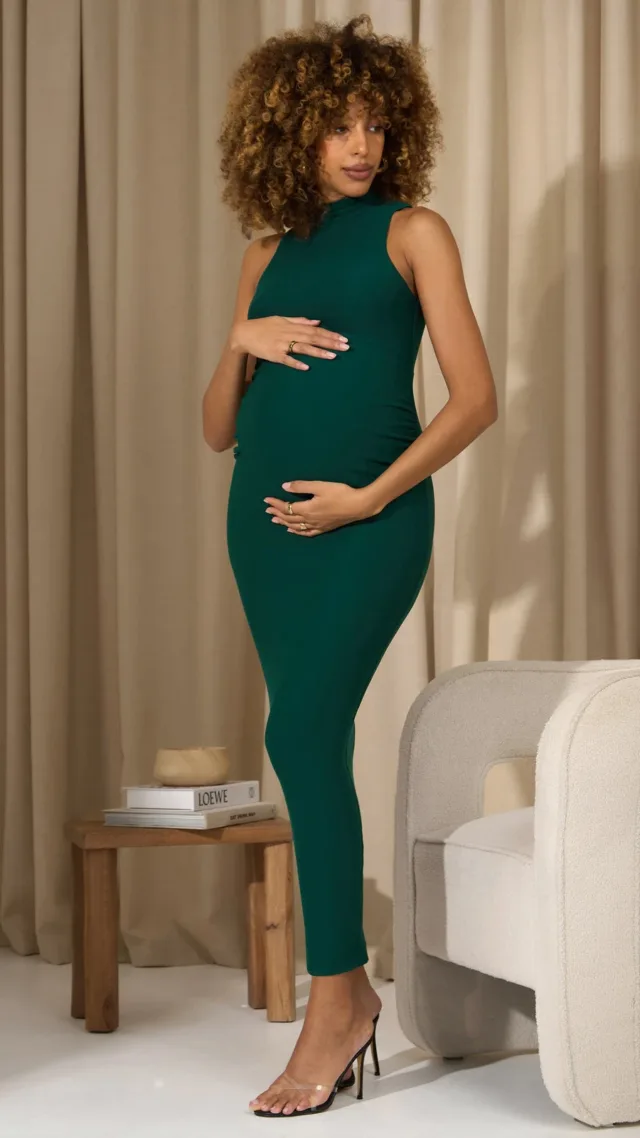 Bottle Green High-Neck Sleeveless Split Maternity Maxi Dress