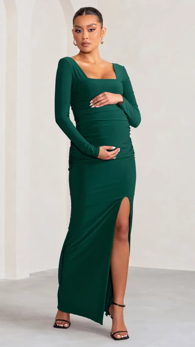 Bottle Green Long Sleeve Square Neck Maternity Maxi Dress With Split