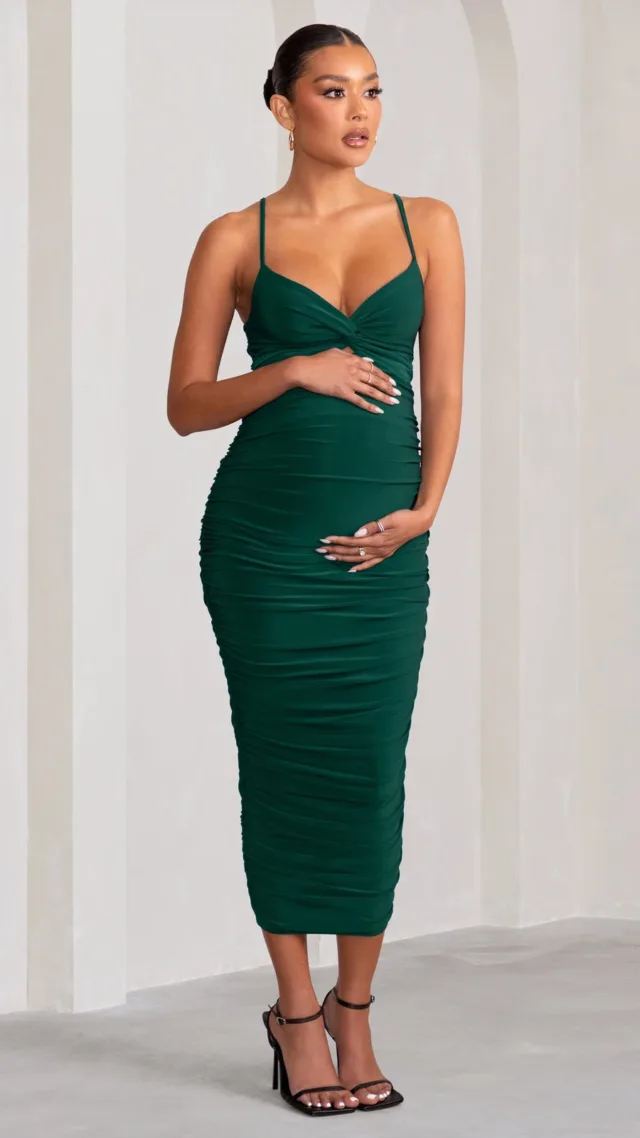 Bottle Green Maternity Cami Midi Dress With Twist Plunge