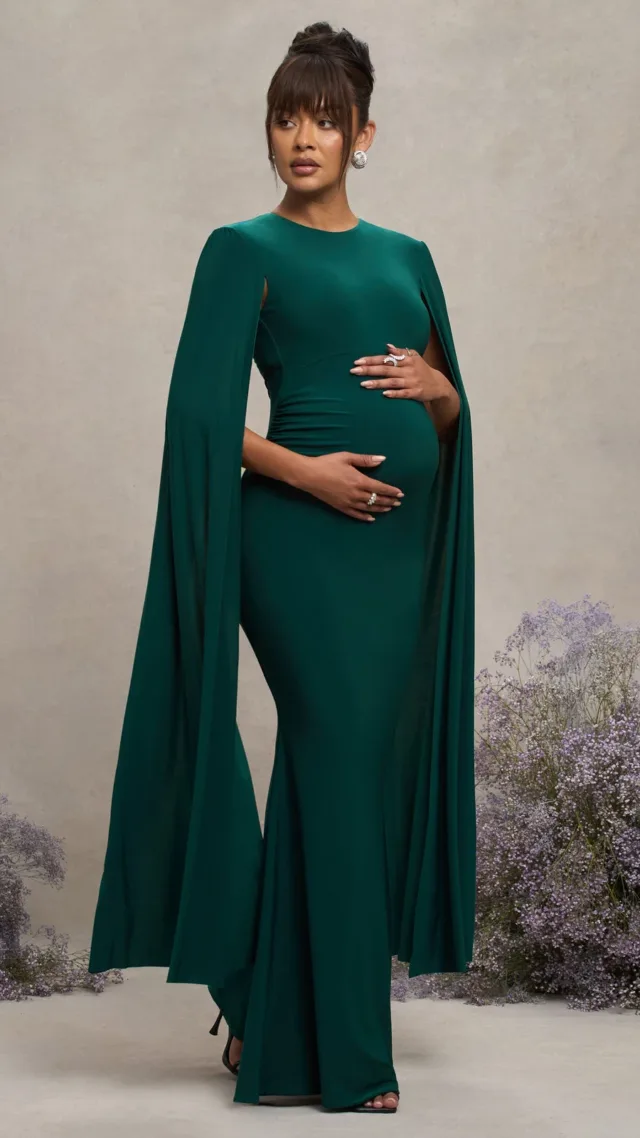 Bottle Green Maternity Maxi Dress With Cape Sleeves