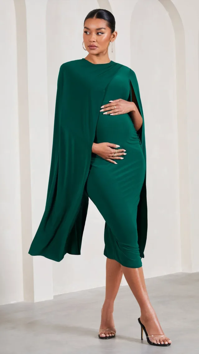 Bottle Green Maternity Midi Dress With Cape Sleeves