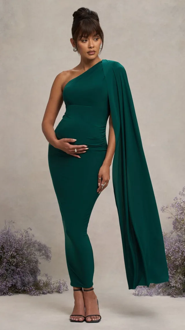 Bottle Green Maternity One Shoulder Maxi Dress With Cape Sleeve