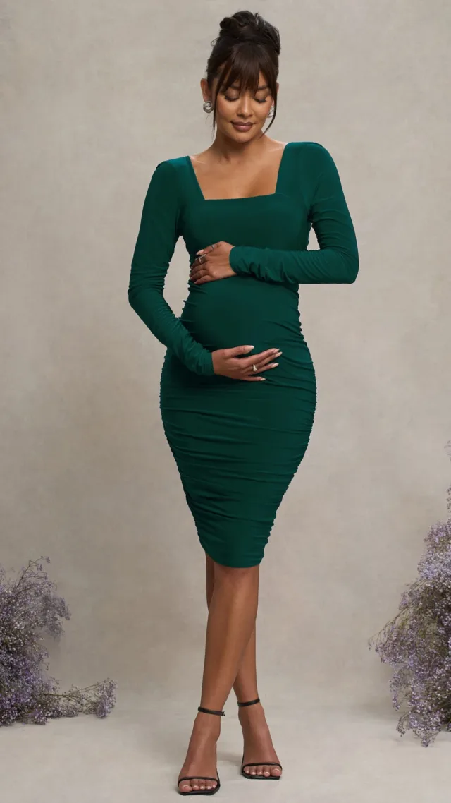 Bottle Green Maternity Square Neck Ruched Midi Dress