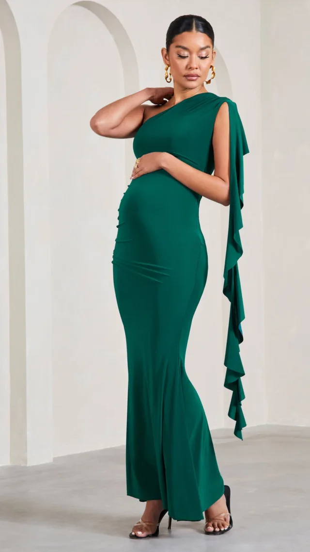 Bottle Green One-Shoulder Maternity Maxi Dress With Ruffles