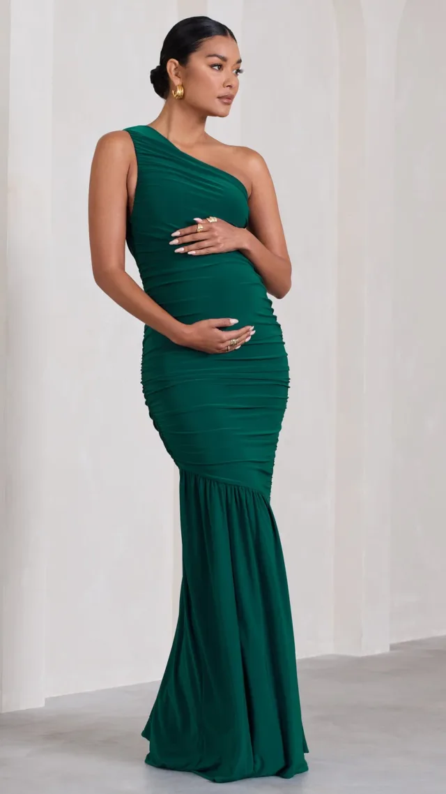 Bottle Green One-Shoulder Ruched Split Maternity Maxi Dress