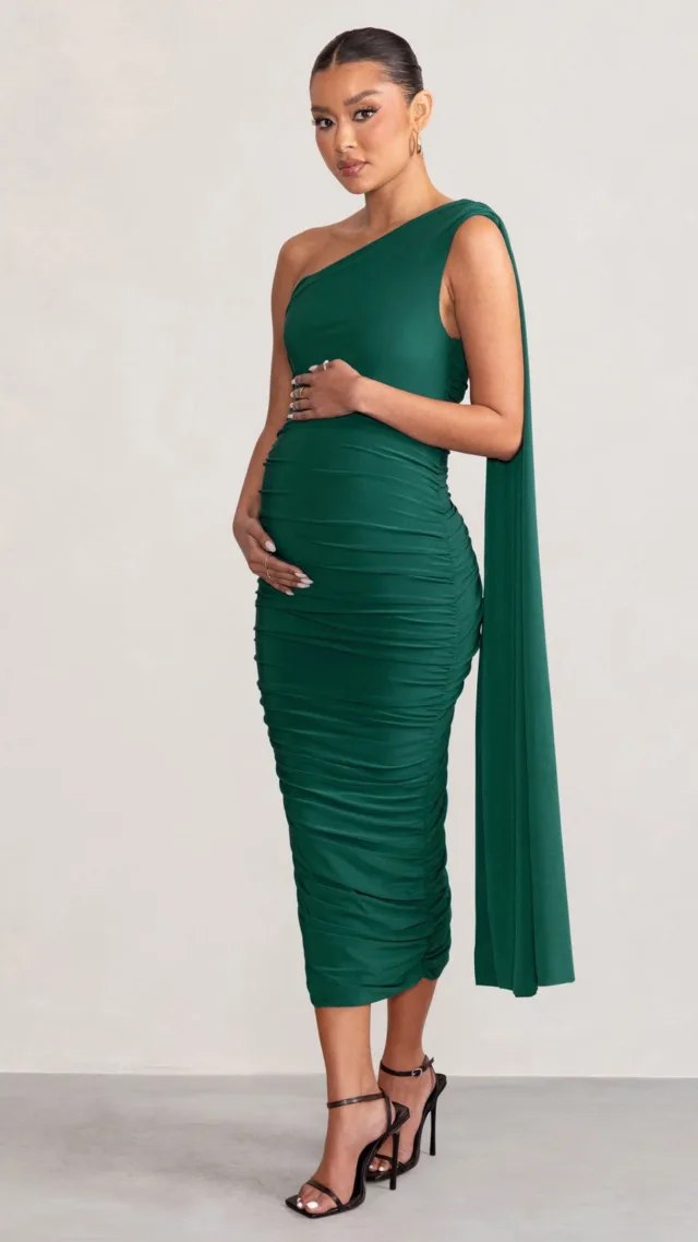 Bottle Green One Sleeve Ruched Maternity Midi Dress With Cape Sleeve