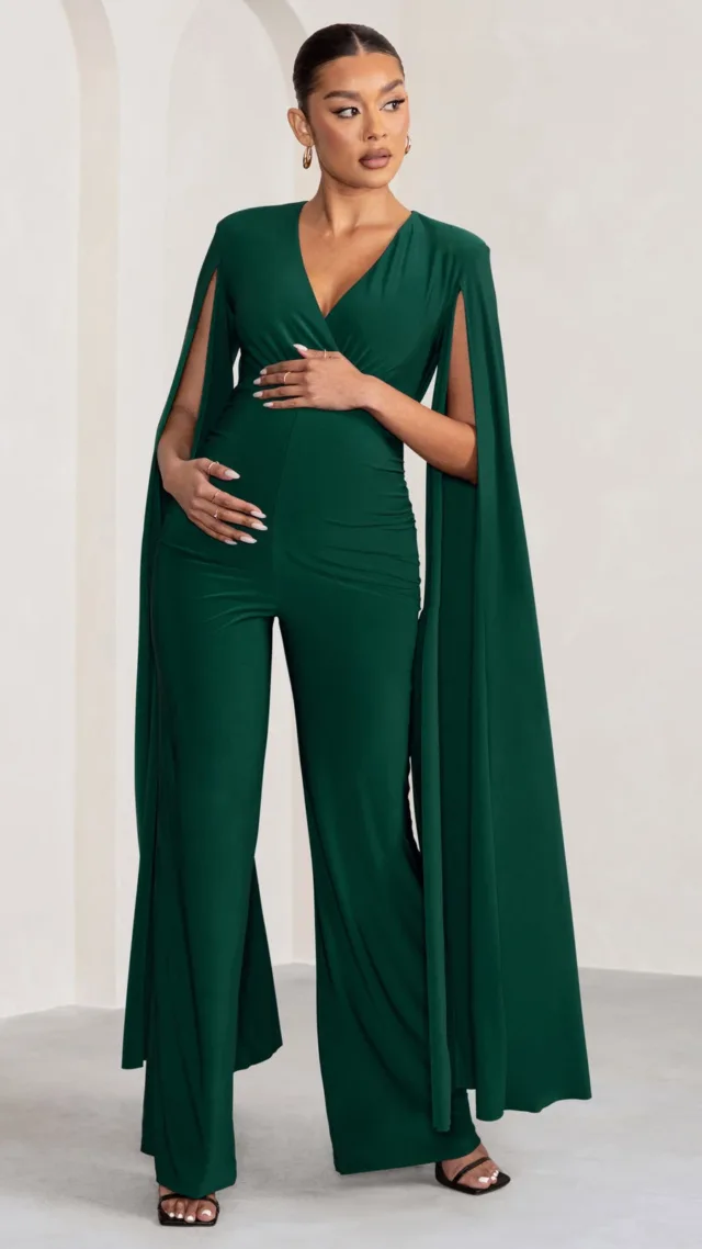 Bottle Green Plunge Neck Maternity Jumpsuit With Cape Sleeves