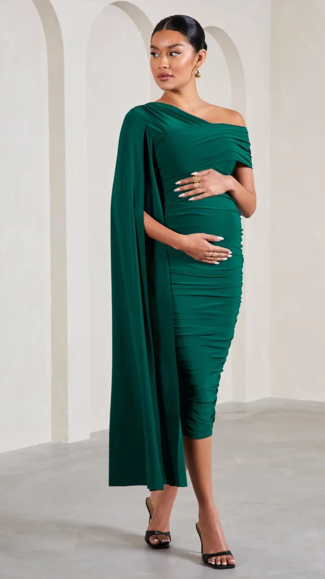 Bottle Green Ruched Asymmetric Maternity Midi Dress With Cape