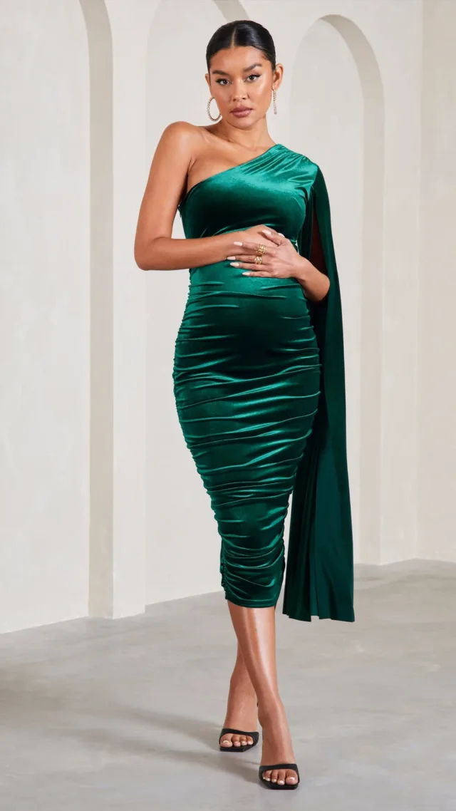 Bottle Green Velvet Maternity One Shoulder Cape Bodycon Midi Dress