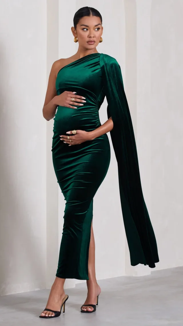 Bottle Green Velvet Maternity One Shoulder Maxi Dress With Cape Sleeve