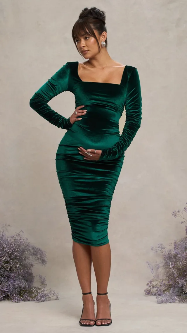 Bottle Green Velvet Maternity Square Neck Ruched Midi Dress