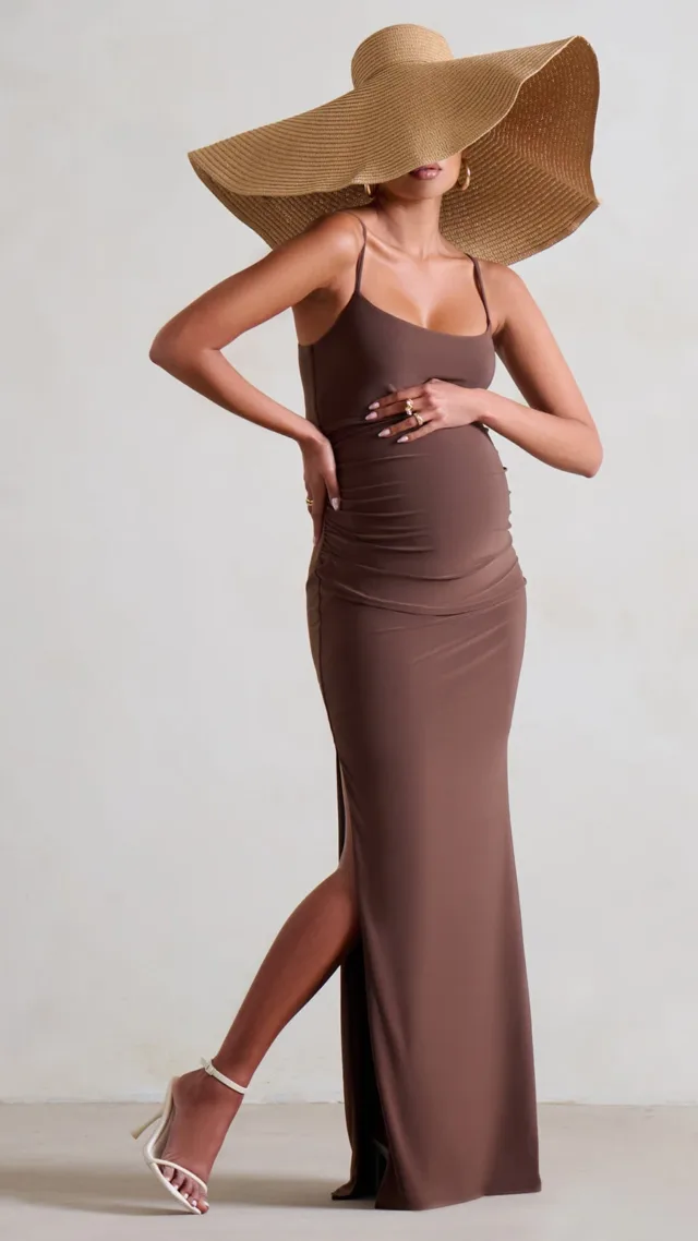 Brown Maternity Cami Maxi Dress With Split