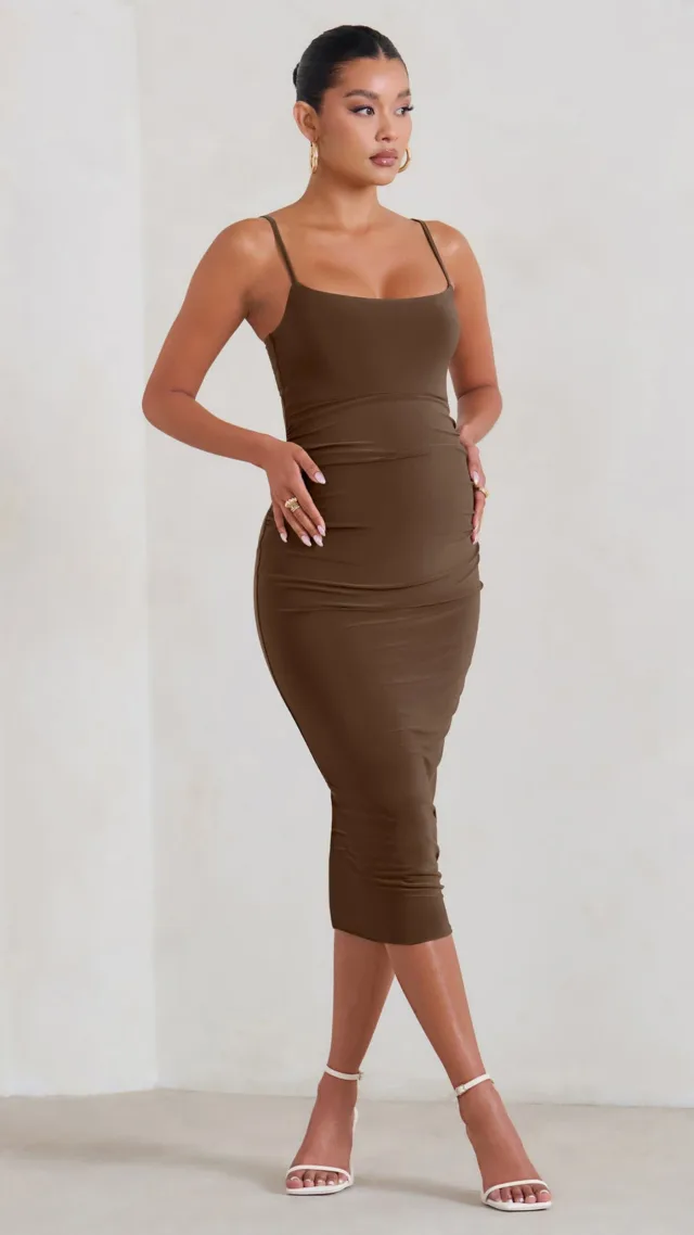 Brown Maternity Cami Midi Dress With Split