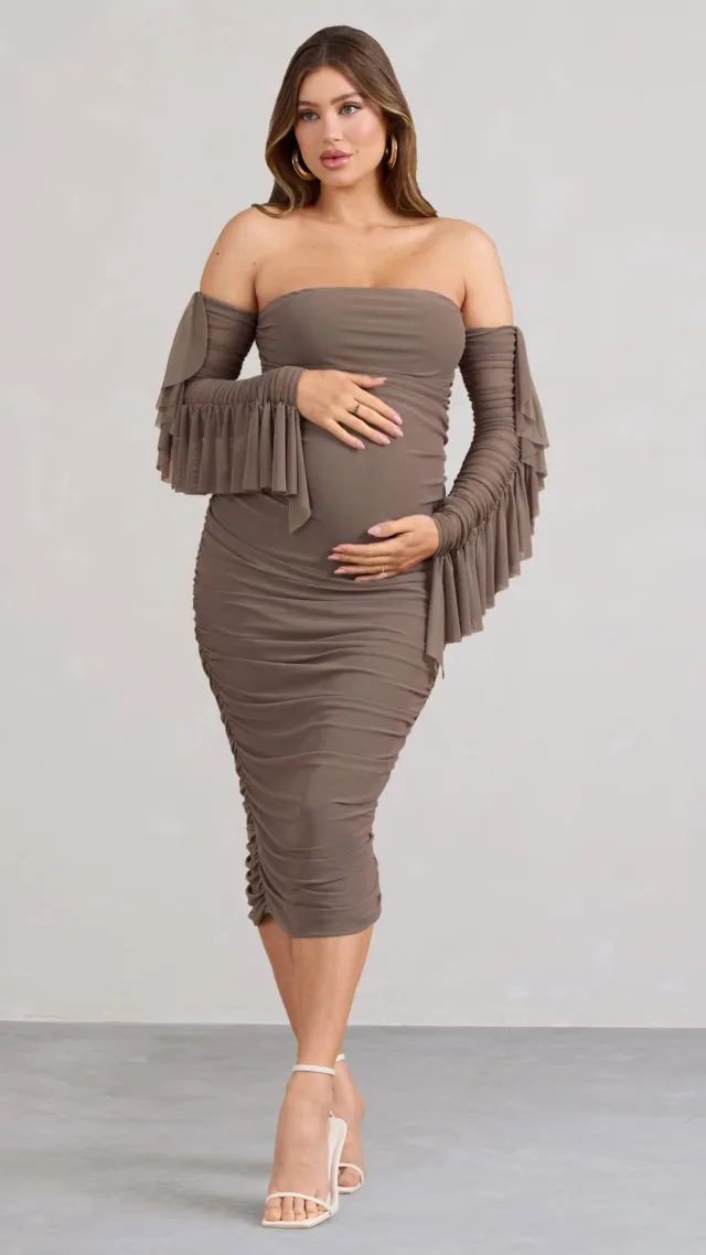 Brown Ruched Mesh Maternity Midi Dress With Ruffled Sleeves