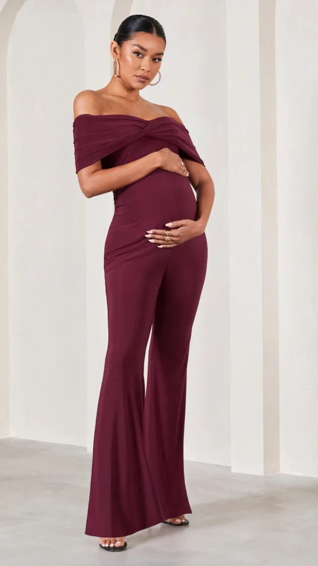 Burgundy Bardot Flared-Leg Maternity Jumpsuit