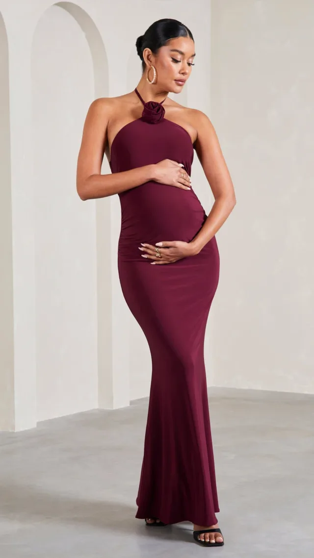 Burgundy Halter-Neck Maternity Maxi Dress With Flower Corsage