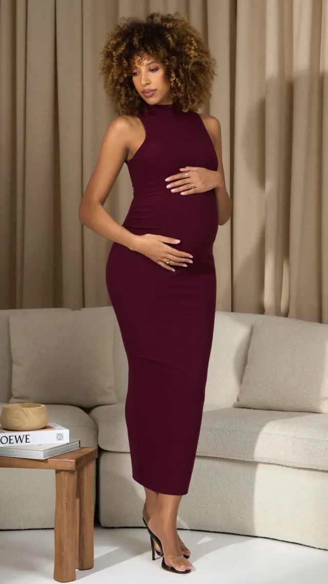 Burgundy High-Neck Sleeveless Split Maternity Maxi Dress