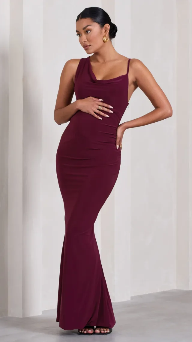 Burgundy Maternity Cowl Neck Maxi Dress