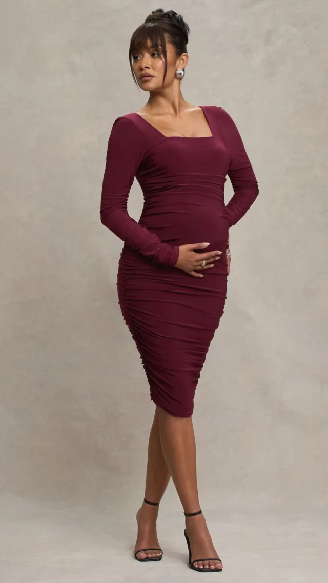 Burgundy Maternity Square Neck Ruched Midi Dress