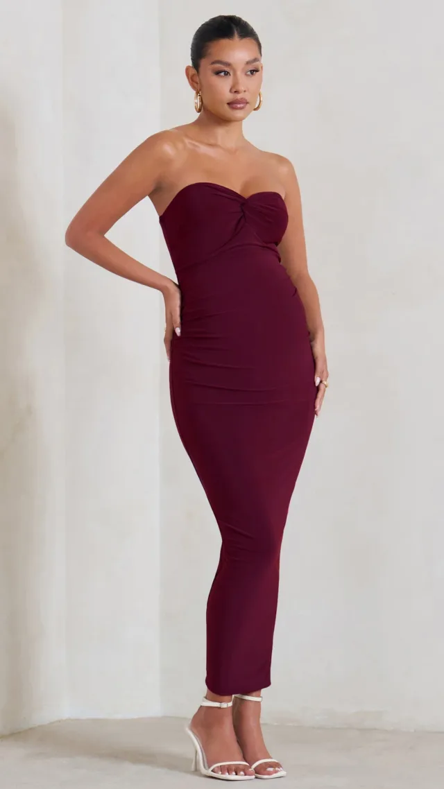 Burgundy Maternity Sweetheart Twist Detail Maxi Dress