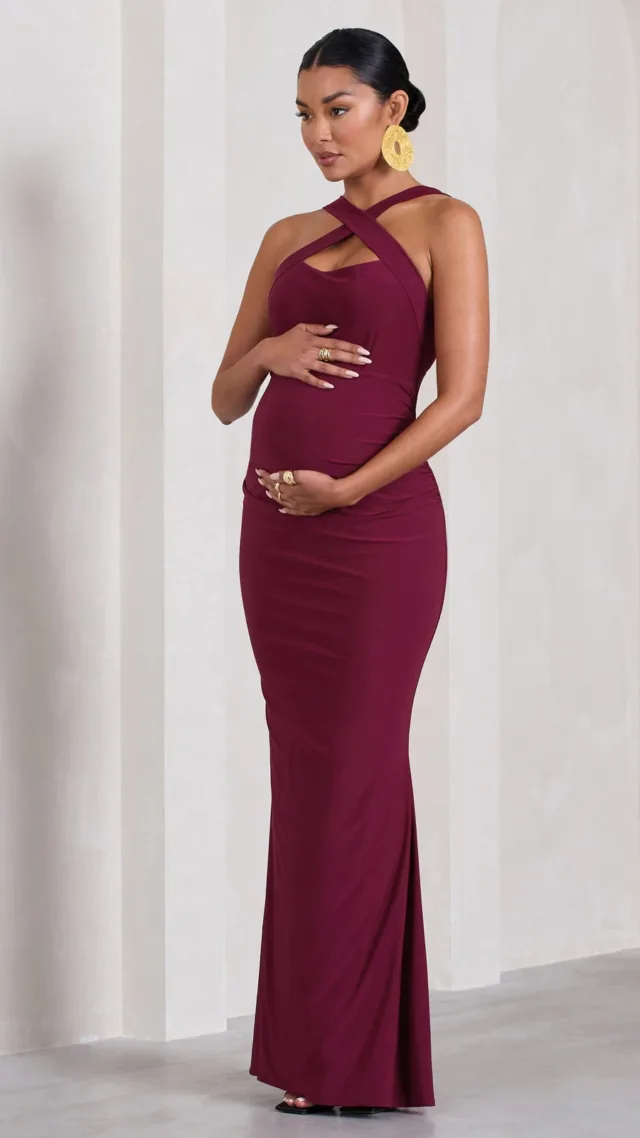 Burgundy Sleeveless Cross-Neck Maternity Maxi Dress