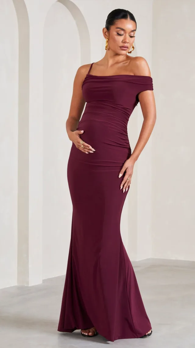 Burgundy Strappy Asymmetric Maternity Maxi Dress