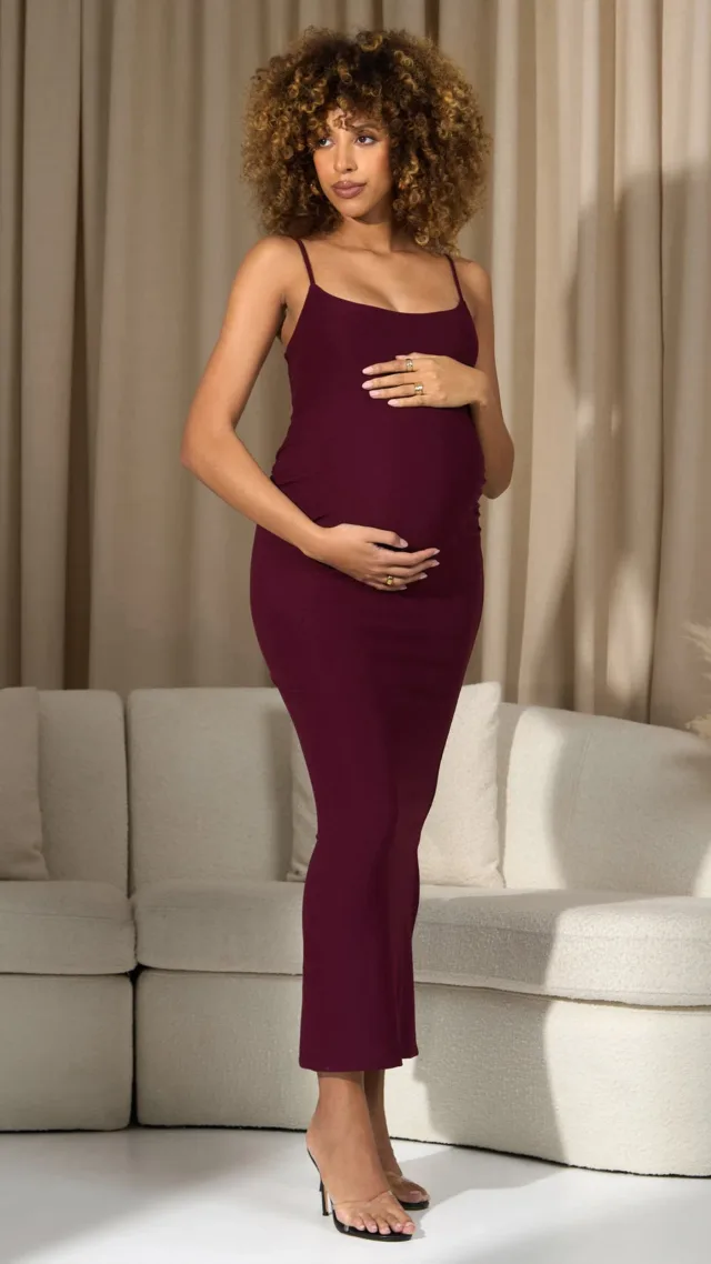 Burgundy Strappy Square-Neck Split Maternity Maxi Dress