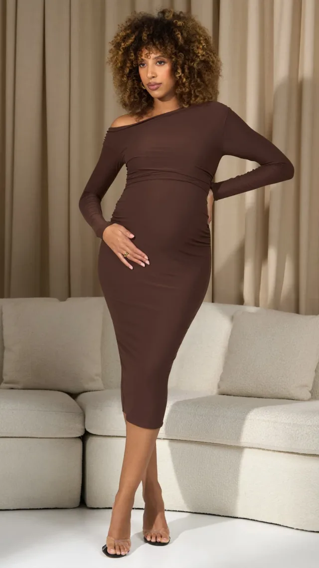 Chocolate Brown Asymmetric Long-Sleeve Maternity Midi Dress