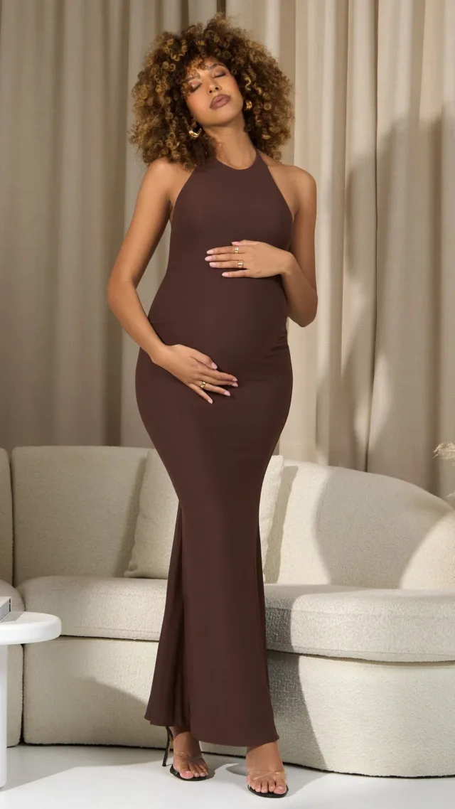 Chocolate Brown Halter-Neck Maternity Maxi Dress