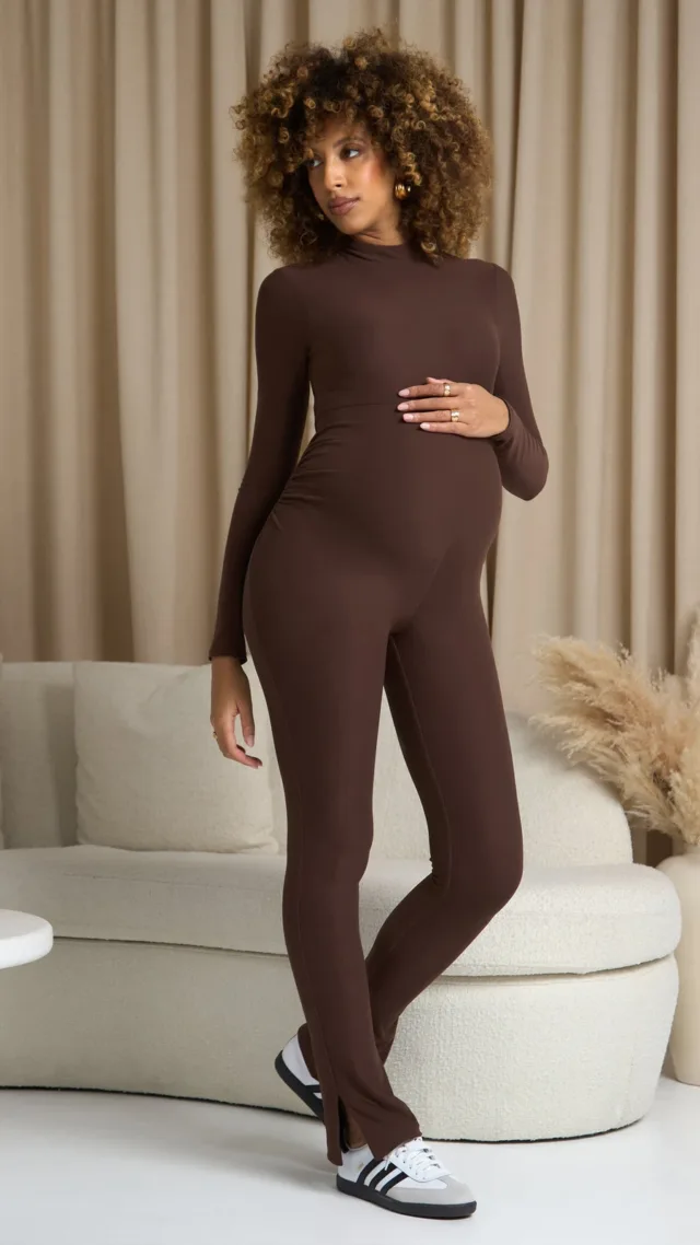 Chocolate Brown High-Neck Slim-Leg Maternity Jumpsuit