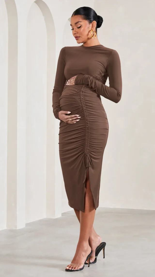 Chocolate Brown Ruched Long-Sleeved Split Maternity Midi Dress