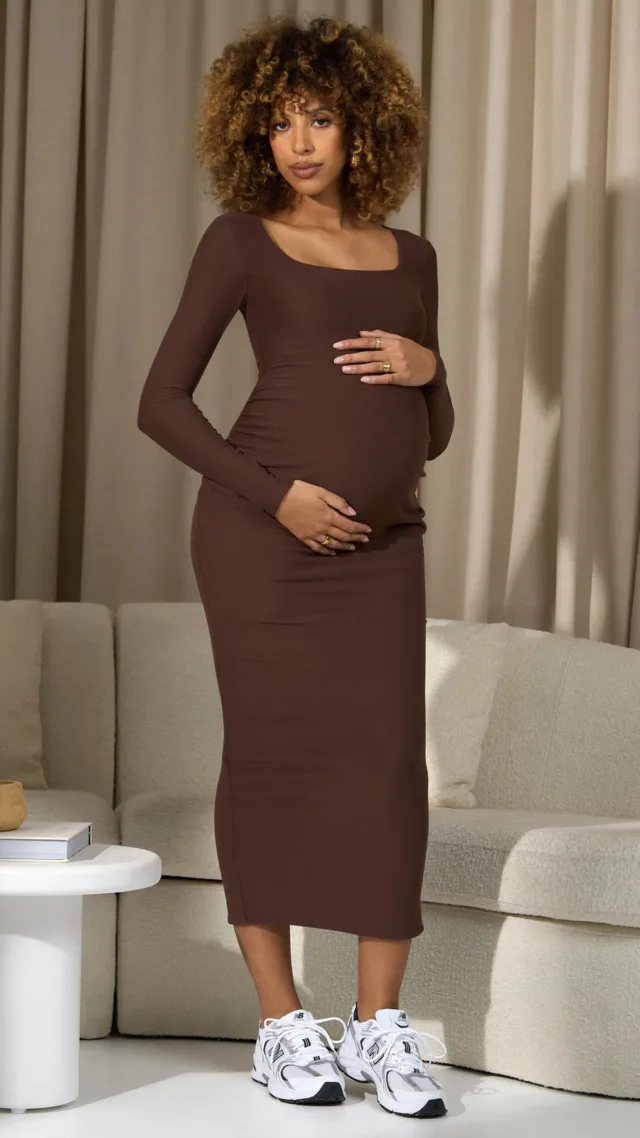 Chocolate Brown Square-Neck Long-Sleeve Split Maternity Midi Dress