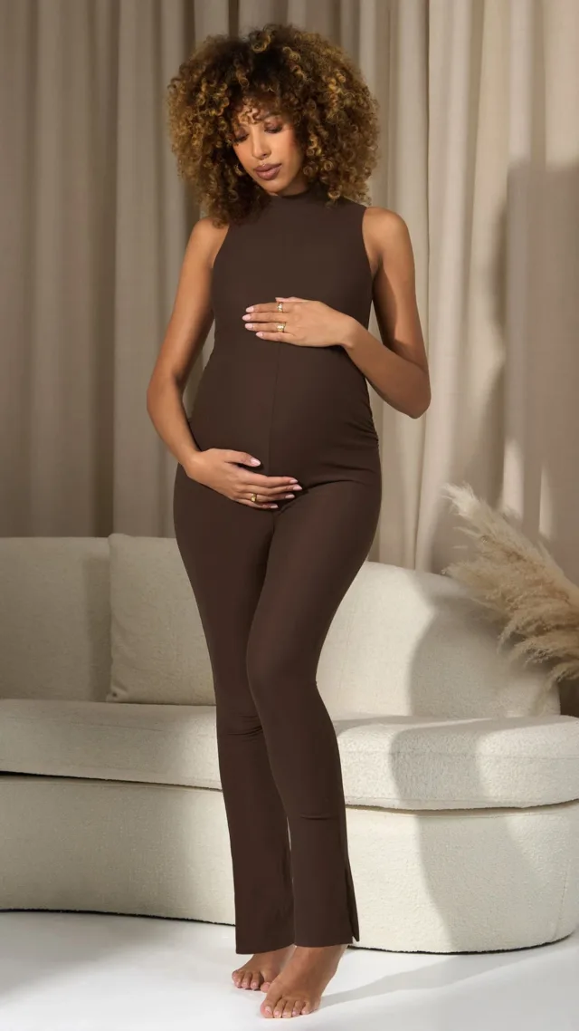 Chocolate High-Neck Sleeveless Maternity Jumpsuit