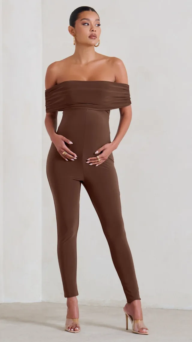 Chocolate Maternity Bardot Fitted Jumpsuit