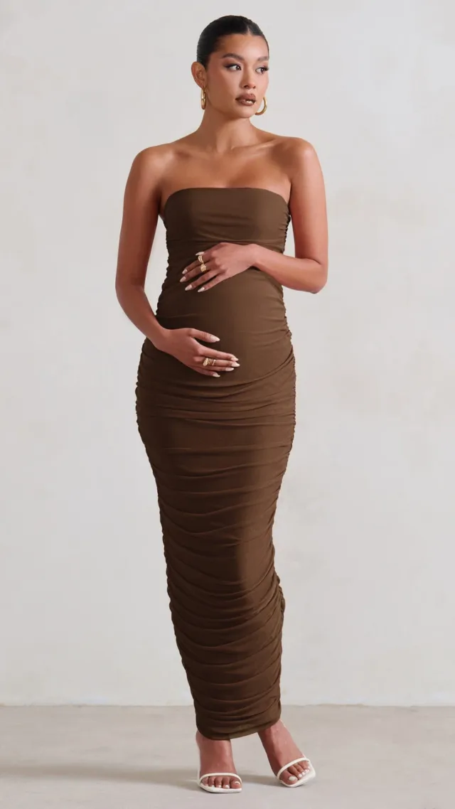 Chocolate Maternity Brown Strapless Bodycon Ruched Mesh Maxi Dress