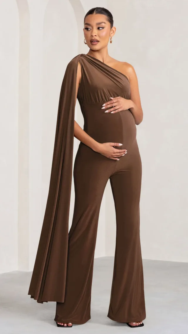 Chocolate Maternity One Shoulder Cape Jumpsuit