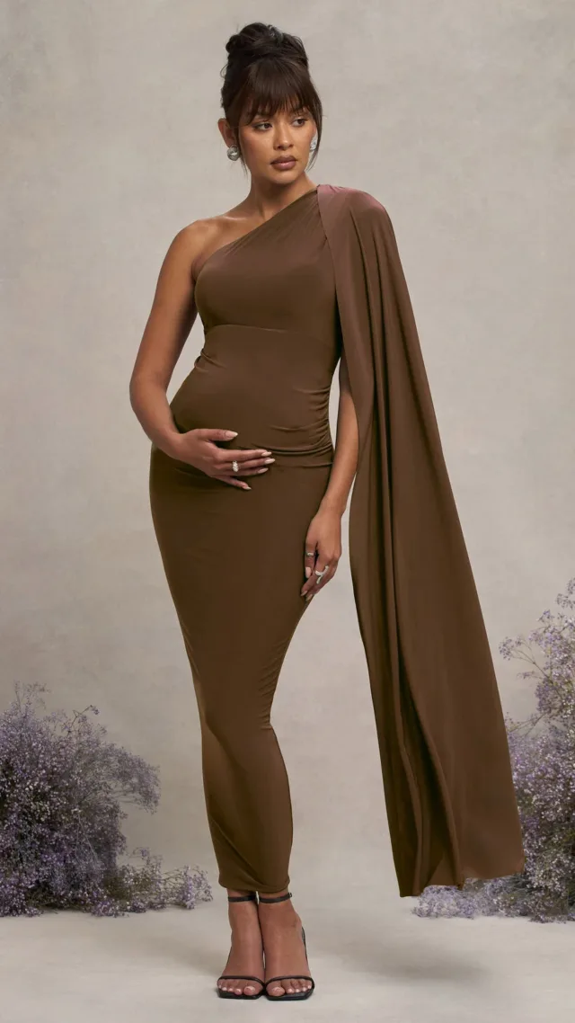 Chocolate Maternity One Shoulder Maxi Dress With Cape Sleeve