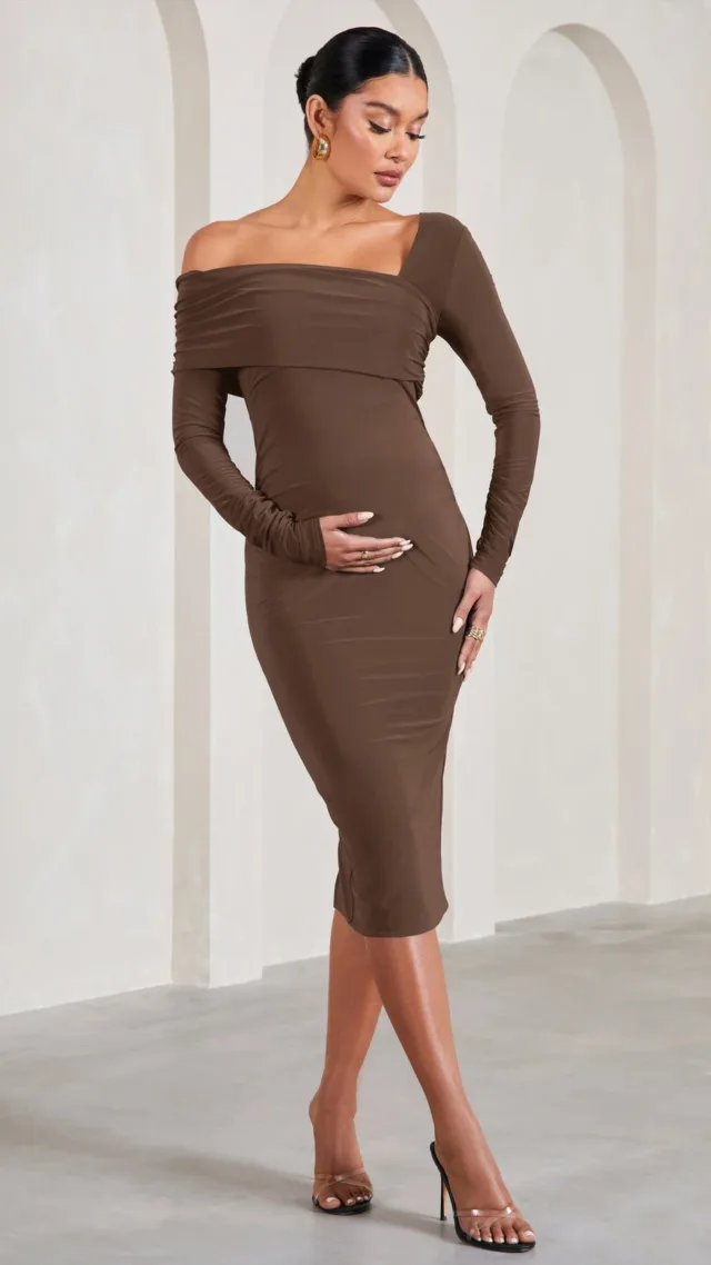 Chocolate One-Shoulder Long-Sleeved Maternity Midi Dress