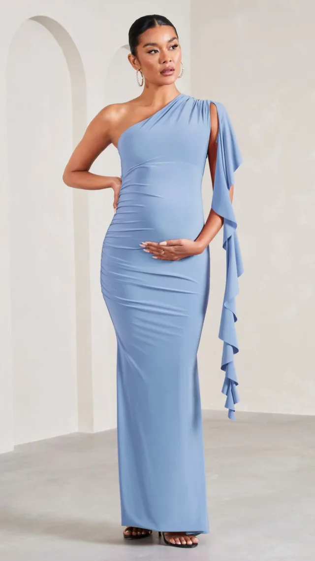 Cornflower Blue One-Shoulder Maternity Maxi Dress With Ruffles