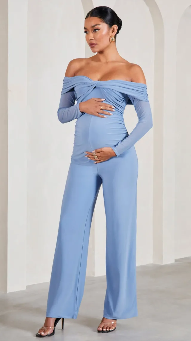 Cornflower Blue Ruched Bardot Long-Sleeved Wide-Leg Maternity Jumpsuit