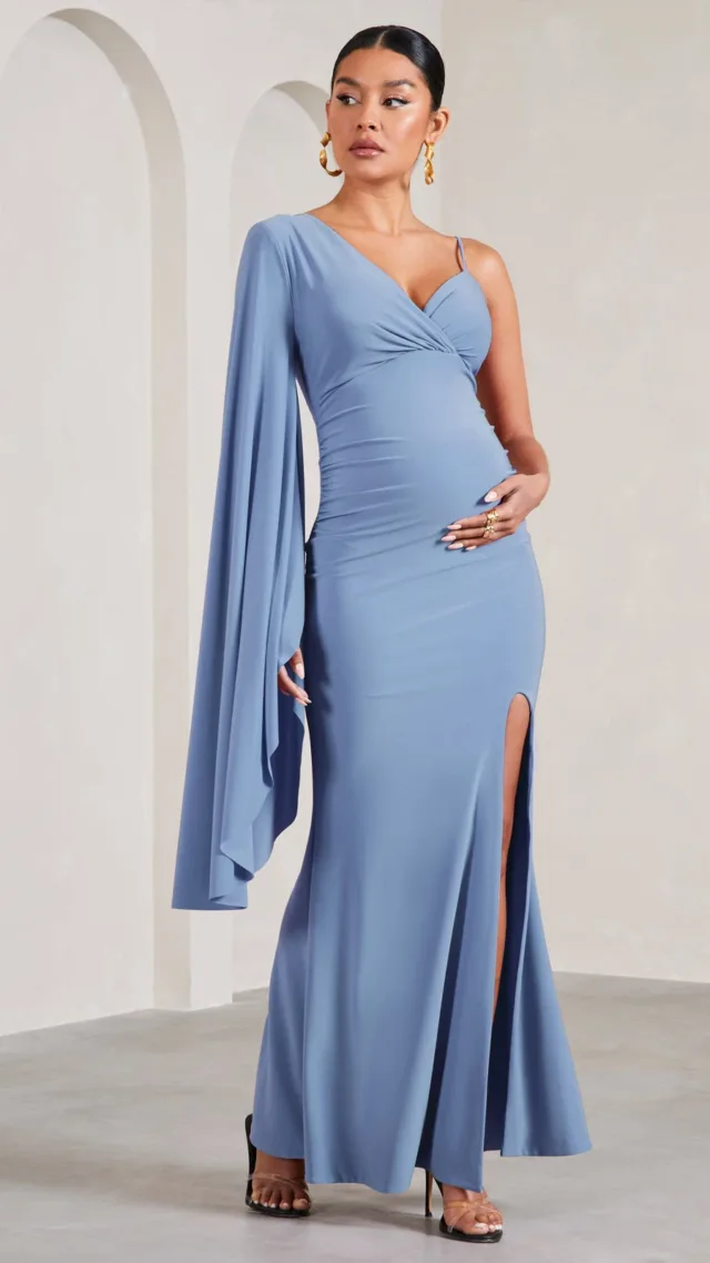 Cornflower Blue V-Neck Split Maternity Maxi Dress With Cape Sleeve