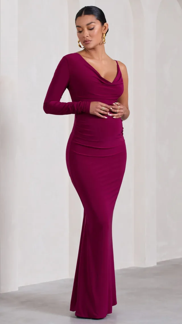 Dark Cherry Maternity One-Sleeved Cowl-Neck Fishtail Maxi Dress