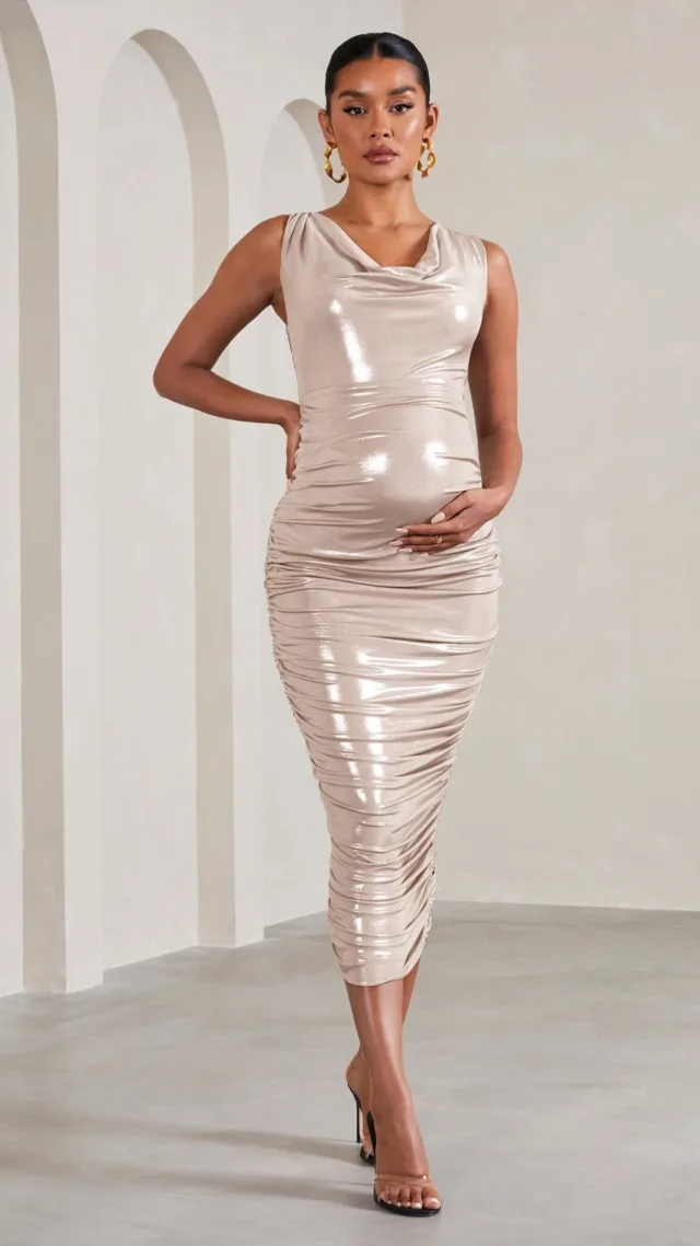 Gold Metallic Cowl-Neck Ruched Maternity Midi Dress