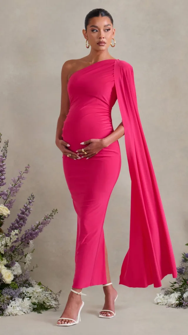 Hot Pink Maternity One Shoulder Maxi Dress With Cape Sleeve