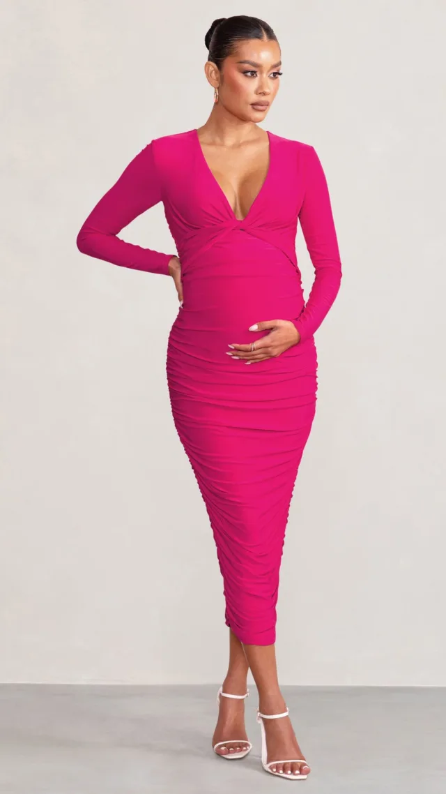 Hot Pink Twist Front Plunge Maternity Midi Dress With Long Sleeves