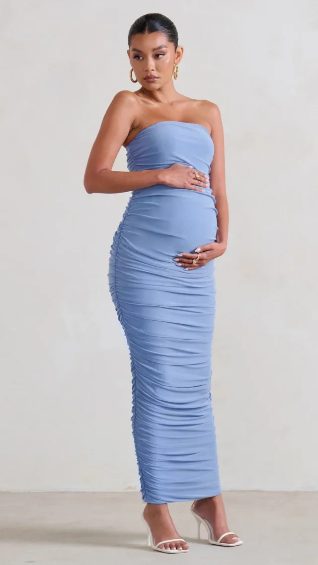 Maternity Powder Blue Strapless Bodycon Ruched Mesh Maxi Dress