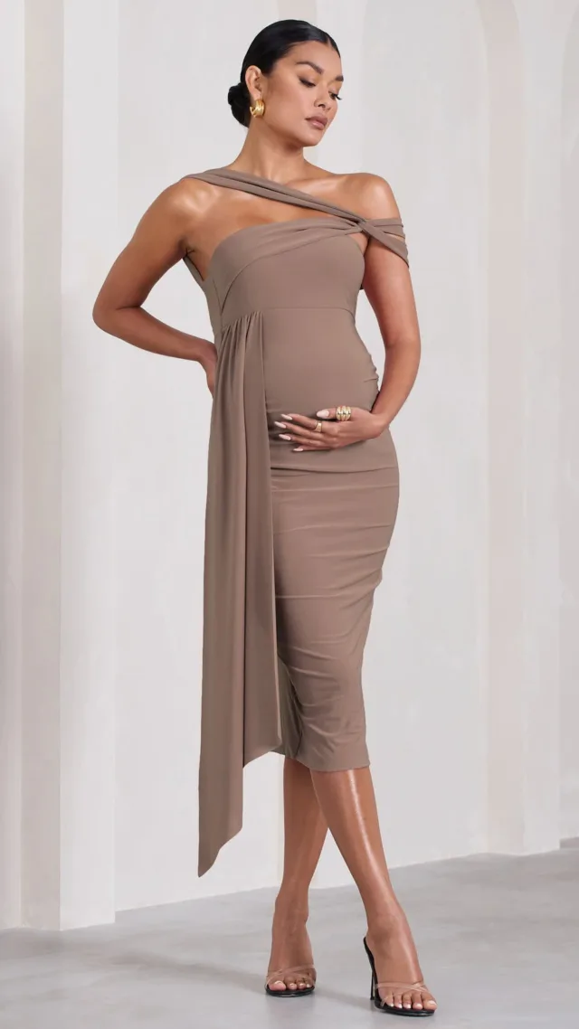 Mocha Asymmetric Strappy Maternity Midi Dress With Drape