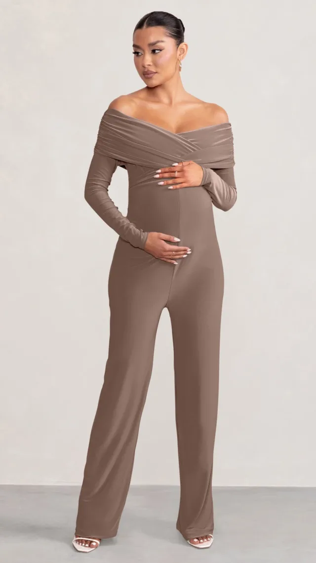 Mocha Bardot Maternity Jumpsuit With Long Sleeves